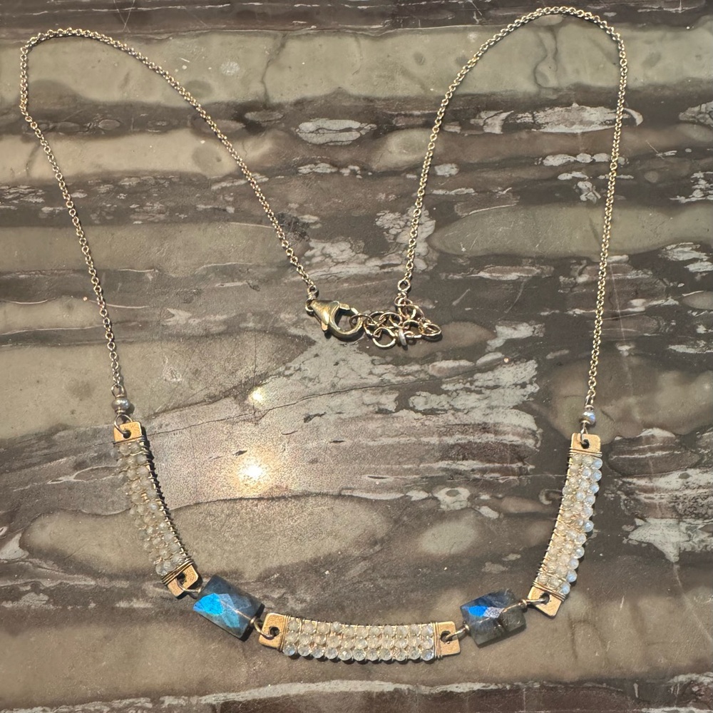 Blue moonstone and crystal necklace.